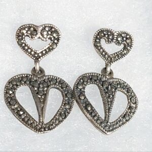 Vintage Victorian style sterling silver marcusite heart dangle earrings